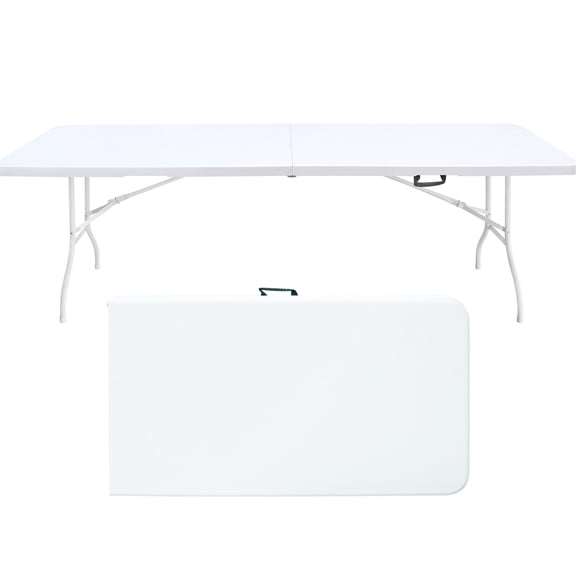 8ft Portable Party Folding Table. Plastic For Camping, Picnics. High Load Bearing, Waterproof Surface. Compact. White Camping Gatherings Picnic Heavy-duty, Waterproof, Smooth Load.