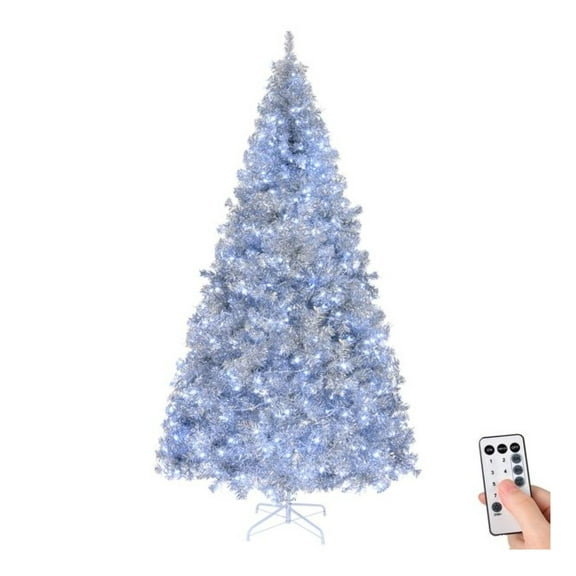 8ft Pre-Lit Silver Christmas Tree, 1350 Tips, 500 Lights, Hinged Xmas Pine Tree with Remote, Indoor Holiday Decorations