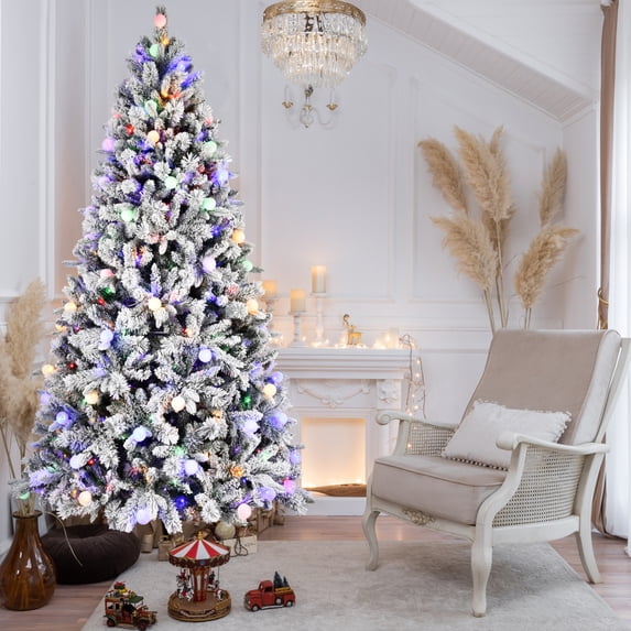 8ft Pre-Lit Snow Flocked Christmas Tree with 470 Multicolor 10-Function LED Lights, Artificial Holiday Xmas Tree w/1793 PVC Tips, Metal Stand and Hinged Branches