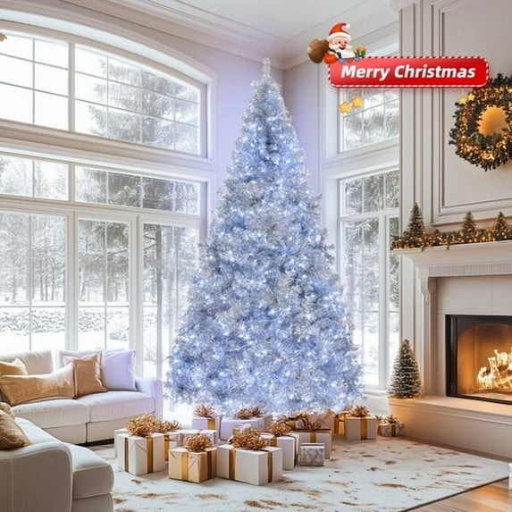 8ft Pre-lit Silver Christmas Tree with 500 Lights & Remote, 1350 Branch Tips, Artificial Xmas Tree for Home/Office Holiday Decor