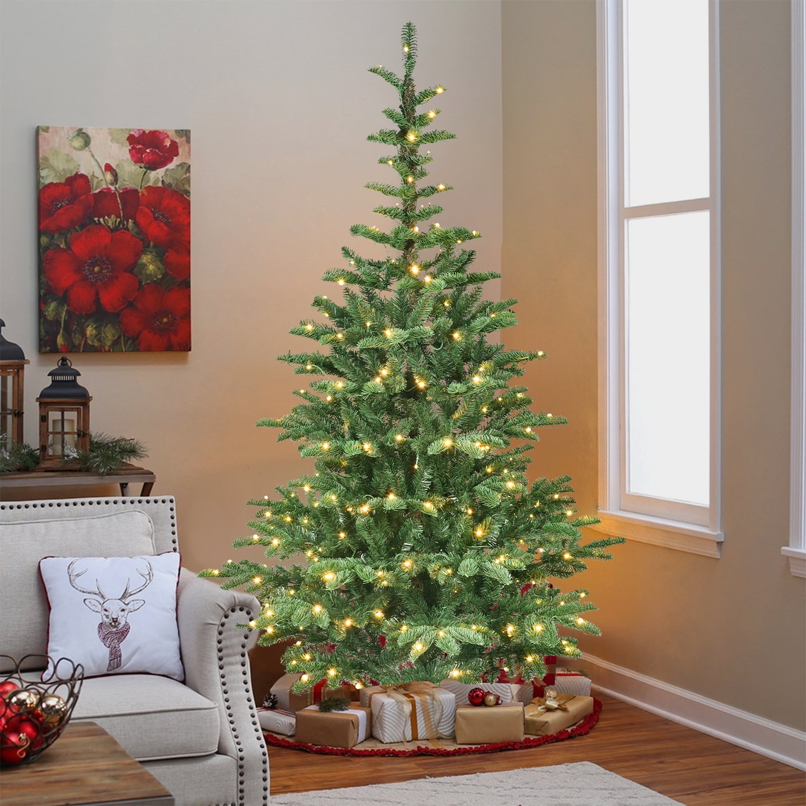 8ft Prelit Christmas Tree with Wooden Base 1307 Tips 500 Warm White LED Lights Rustic Holiday Decor