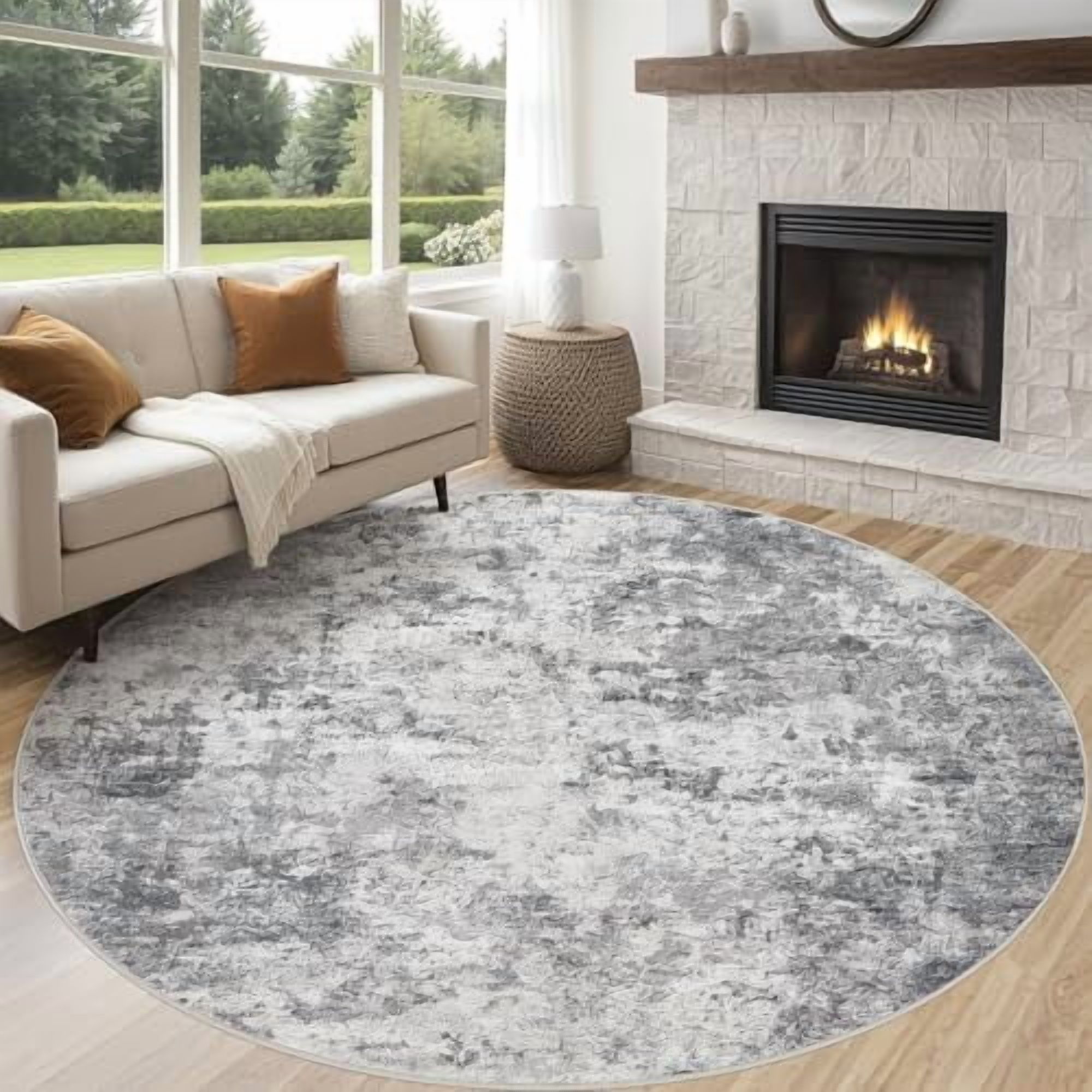 8ft Round Area Rug Living Room Rugs - 8x8 Washable Neutral Modern ...