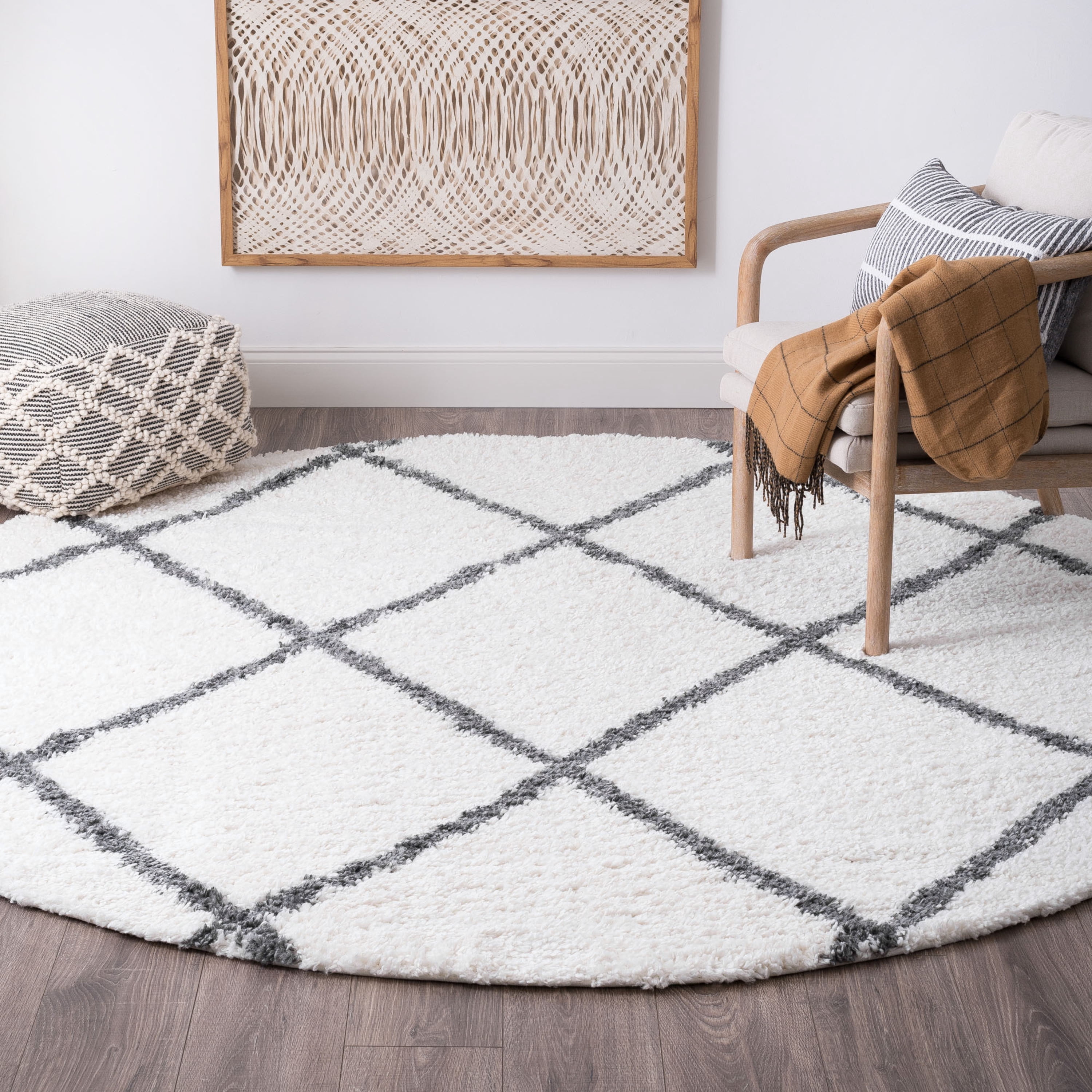 White Design Round Rug Bliss Rugs Transitional Diamond 7'10'' Round White and Gray ...