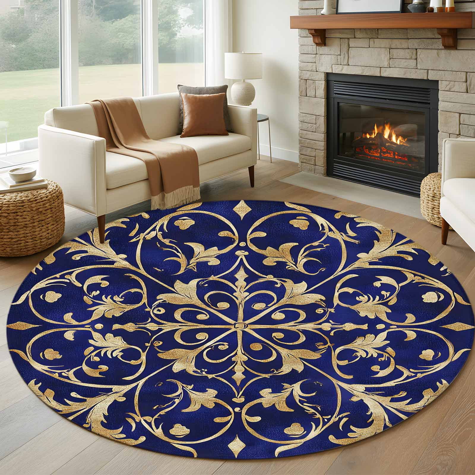 8ft Round Rug, Abstract Blue Gold Non-Skid Rubber Backing Large Area ...