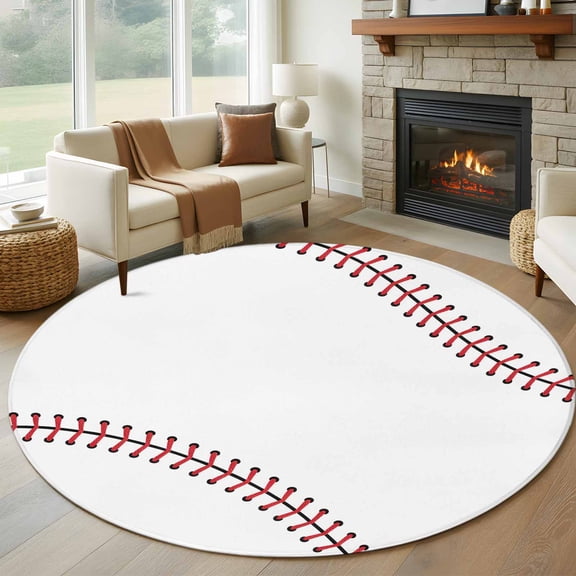 8ft Round Rug, Baseball Non-Skid Rubber Backing Large Area Rugs - Living Room Bedroom Home Office, Modern Minimalist Red Lines Indoor Floor Mat Carpets Washable Rug