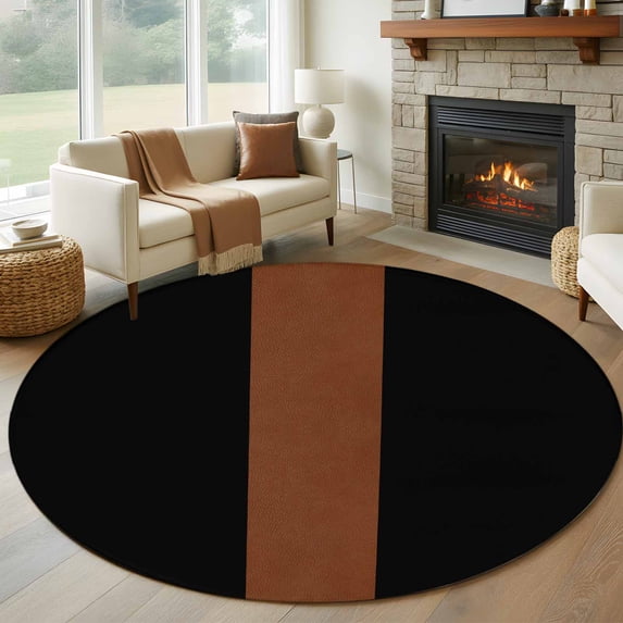 8ft Round Rug, Black Brown Non-Skid Rubber Backing Large Area Rugs - Living Room Bedroom Home Office, Contemporary Boho Modern Art Indoor Floor Mat Carpets Washable Rug