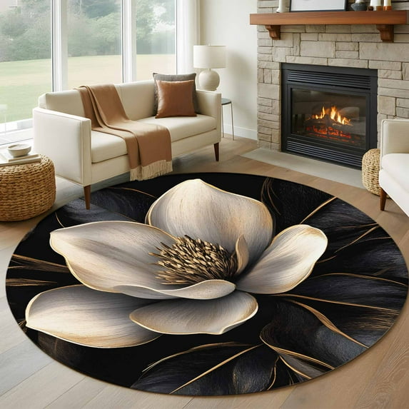 8ft Round Rug, Black Gold Flower Non-Skid Rubber Backing Large Area Rugs - Living Room Bedroom Home Office, Gradient Luxurious Floral Botanical Indoor Floor Mat Carpets Washable Rug