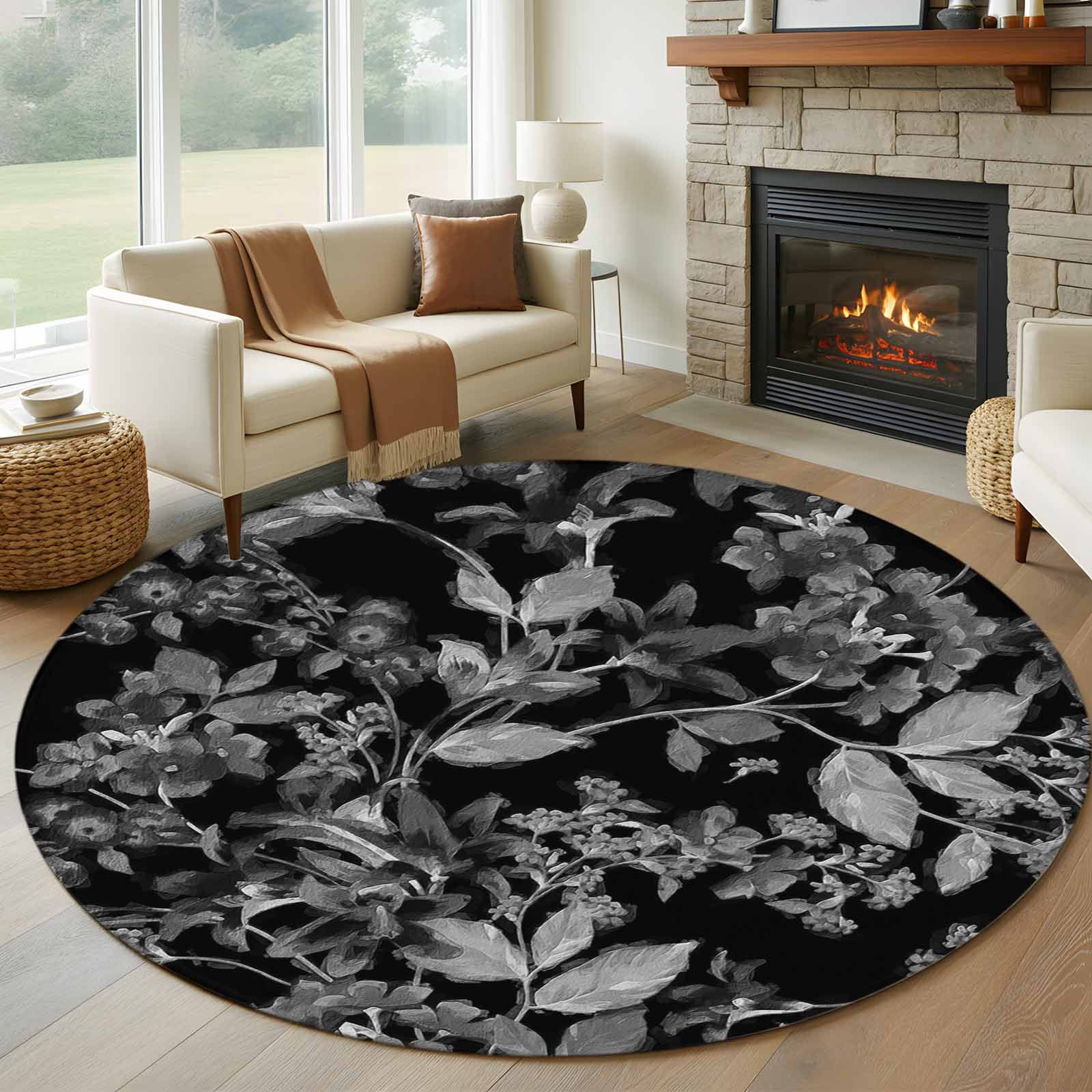 8ft Round Rug, Black and White Floral Non-Skid Rubber Backing Large ...