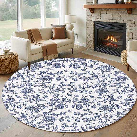 8ft Round Rug, Blue Flower Non-Skid Rubber Backing Large Area Rugs - Living Room Bedroom Home Office, Spring Leaf Vintage Farmhouse Boho Plant Indoor Floor Mat Carpets Washable Rug
