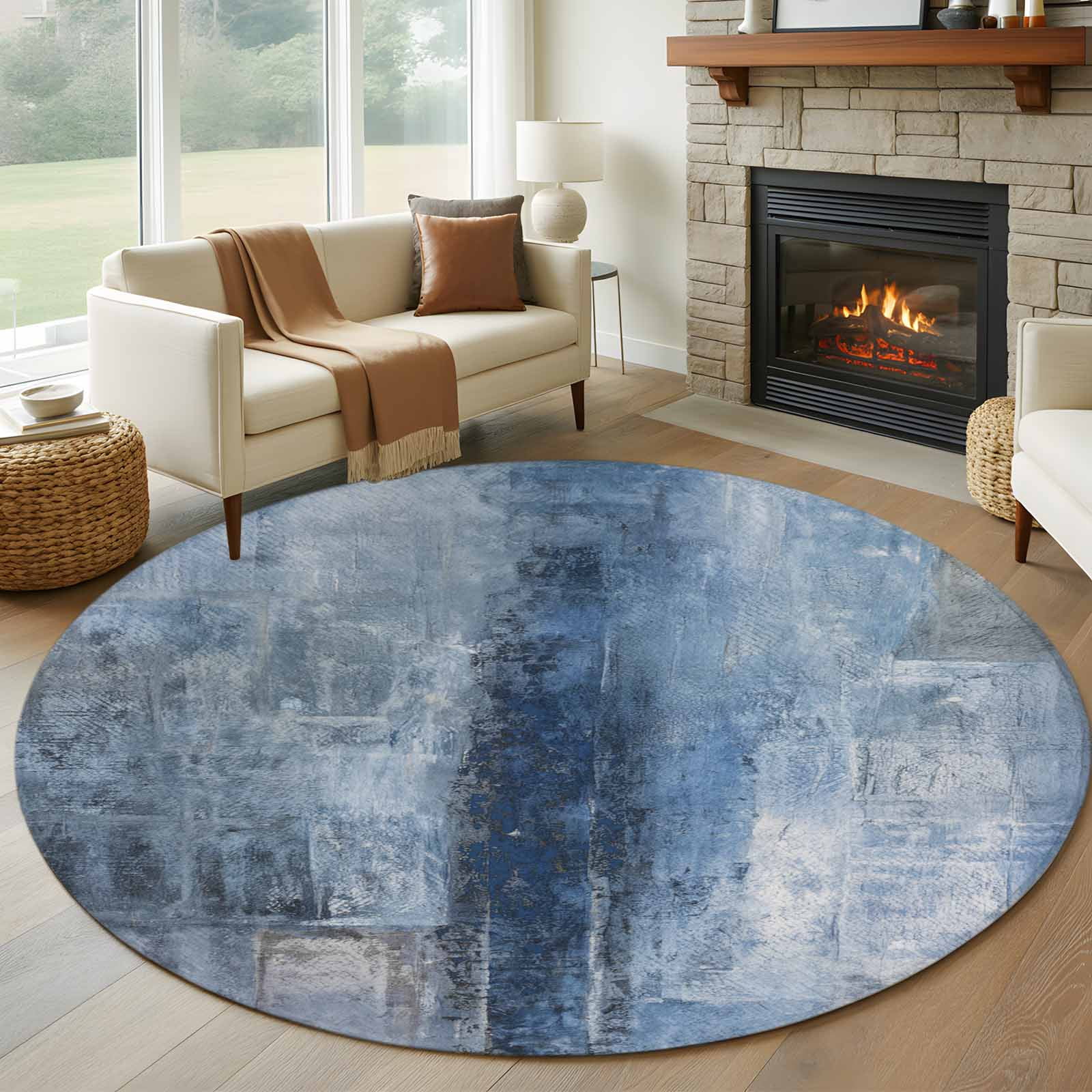 8ft Round Rug, Blue Non-Skid Rubber Backing Large Area Rugs - Living ...