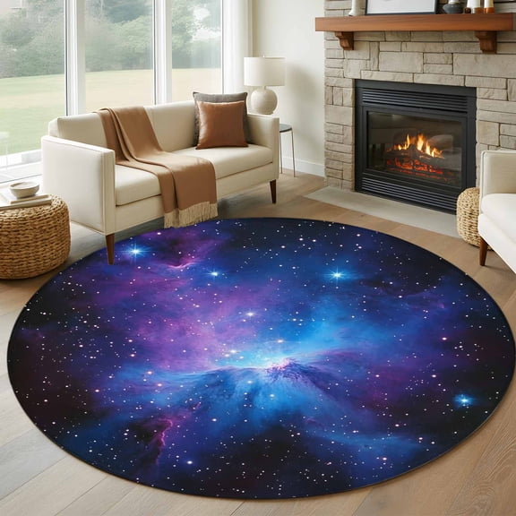 8ft Round Rug, Blue Purple Clouds Non-Skid Rubber Backing Large Area Rugs - Living Room Bedroom Home Office, Modern Abstract Stars Sky Indoor Floor Mat Carpets Washable Rug