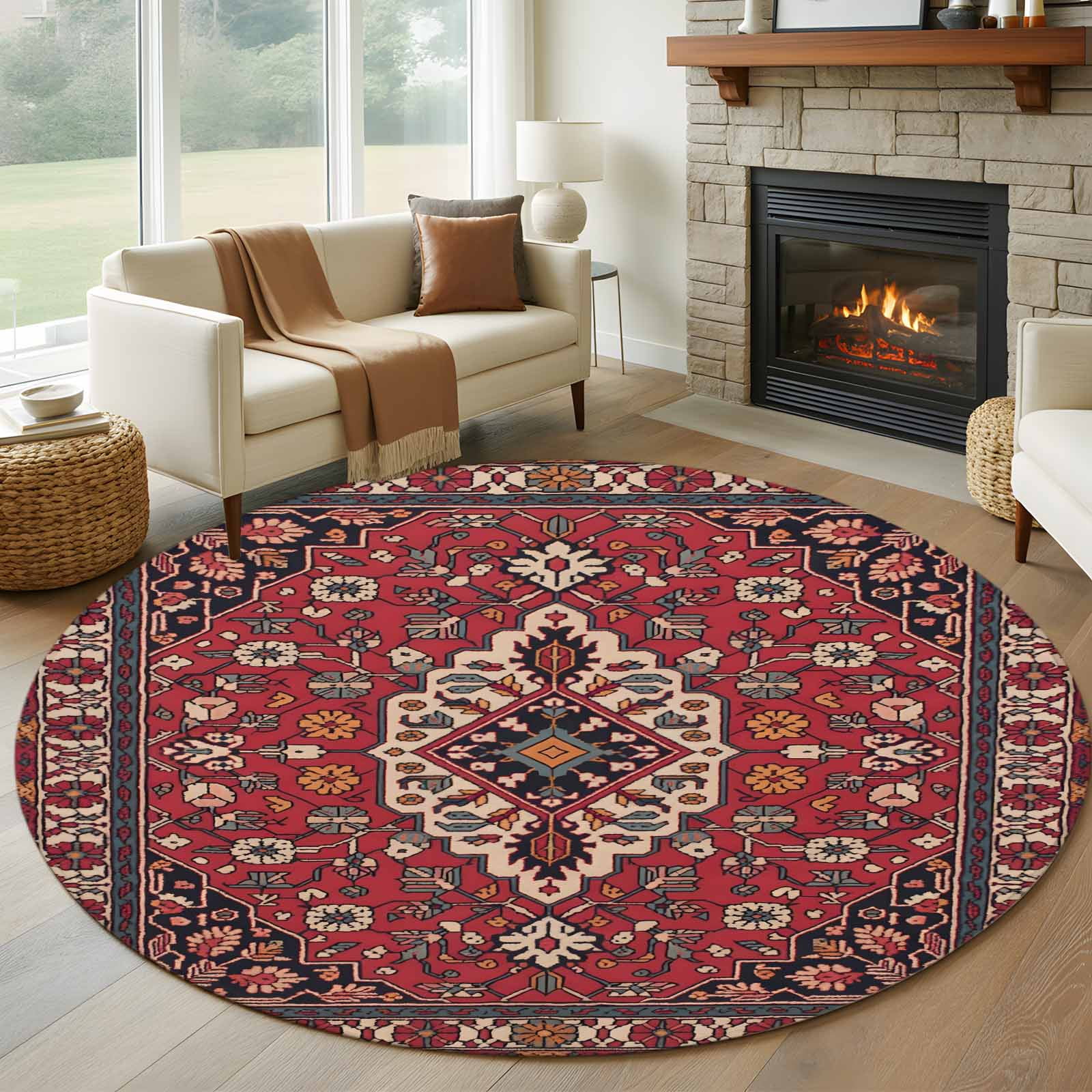 8ft Round Rug, Boho Aztec Non-Skid Rubber Backing Large Area Rugs ...