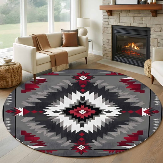 8ft Round Rug, Boho Red Grey Non-Skid Rubber Backing Large Area Rugs - Living Room Bedroom Home Office, Geometric Southwestern Retro Ethnic Indoor Floor Mat Carpets Washable Rug