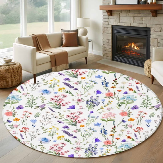 8ft Round Rug, Botanical Flowers Non-Skid Rubber Backing Large Area ...