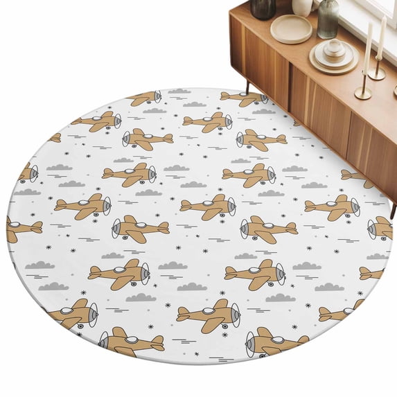 8ft Round Rug Brown Airplane Area Rugs for Living Room Bedroom Washable ...