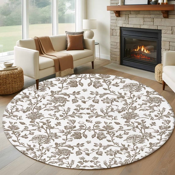 8ft Round Rug, Brown Flower Non-Skid Rubber Backing Large Area Rugs - Living Room Bedroom Home Office, Vintage Farmhouse Boho Leaf Spring Plant Indoor Floor Mat Carpets Washable Rug