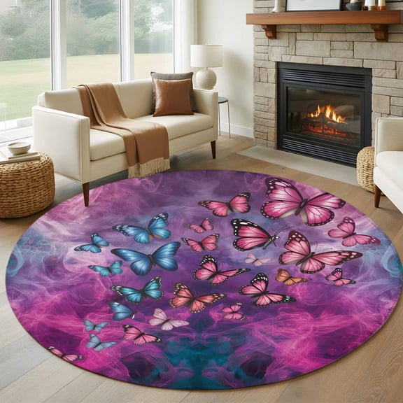 8ft Round Rug, Butterfly Non-Skid Rubber Backing Large Area Rugs - Living Room Bedroom Home Office, Purple Blue Fantasy Dream Butterflies Abstract Indoor Floor Mat Carpets Washable Rug