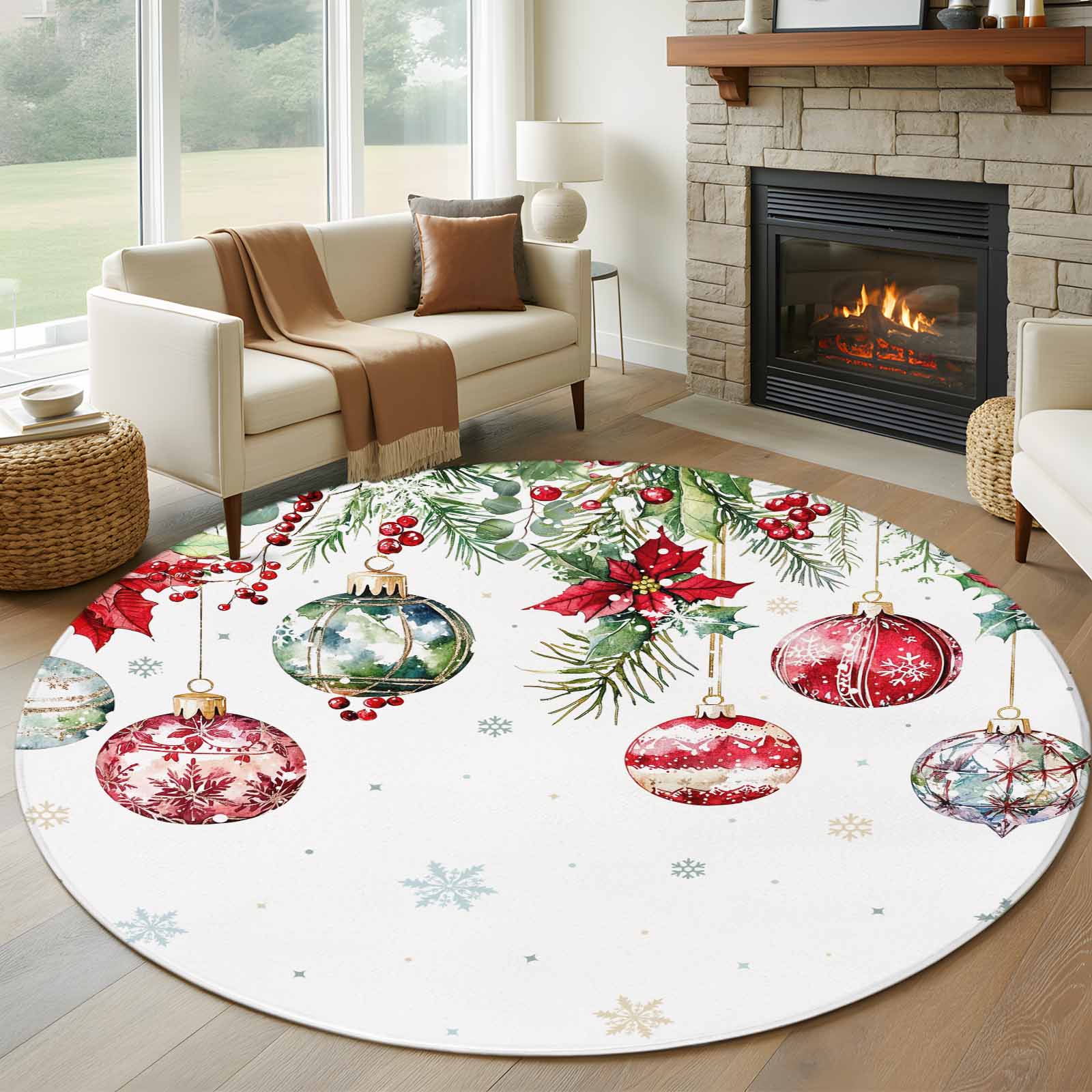 8ft Round Rug, Christmas Balls Non-Skid Rubber Backing Large Area Rugs ...