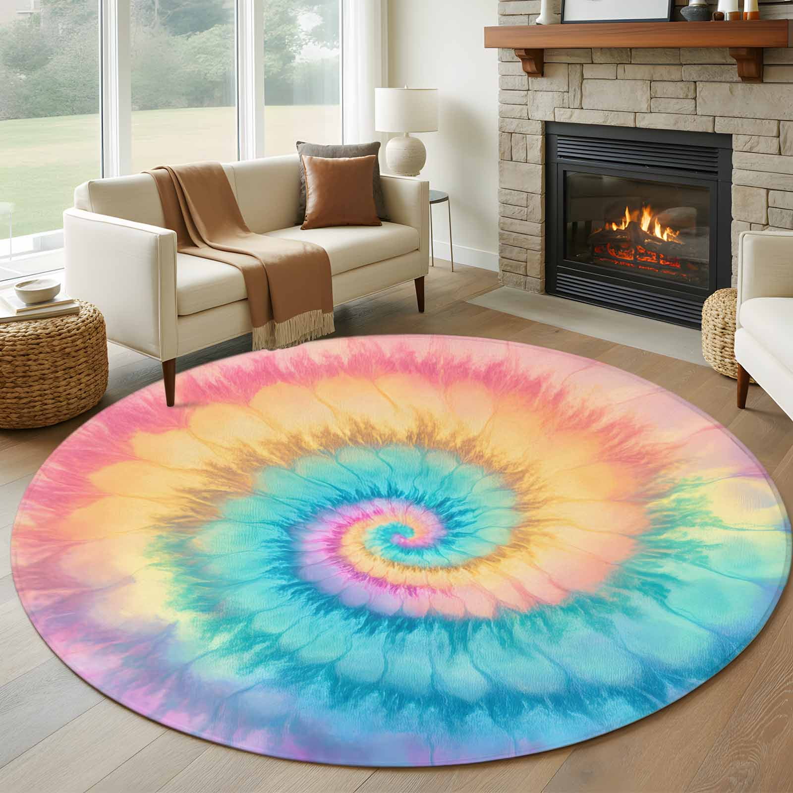 8ft Round Rug, Colorful Tie Dye Non-Skid Rubber Backing Large Area Rugs