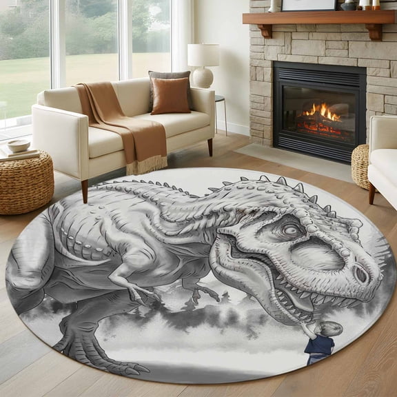 8ft Round Rug, Dinosaurs Boy Non-Skid Rubber Backing Large Area Rugs - Living Room Bedroom Home Office, Gray Funny Cartoon Forest Animals Indoor Floor Mat Carpets Washable Rug
