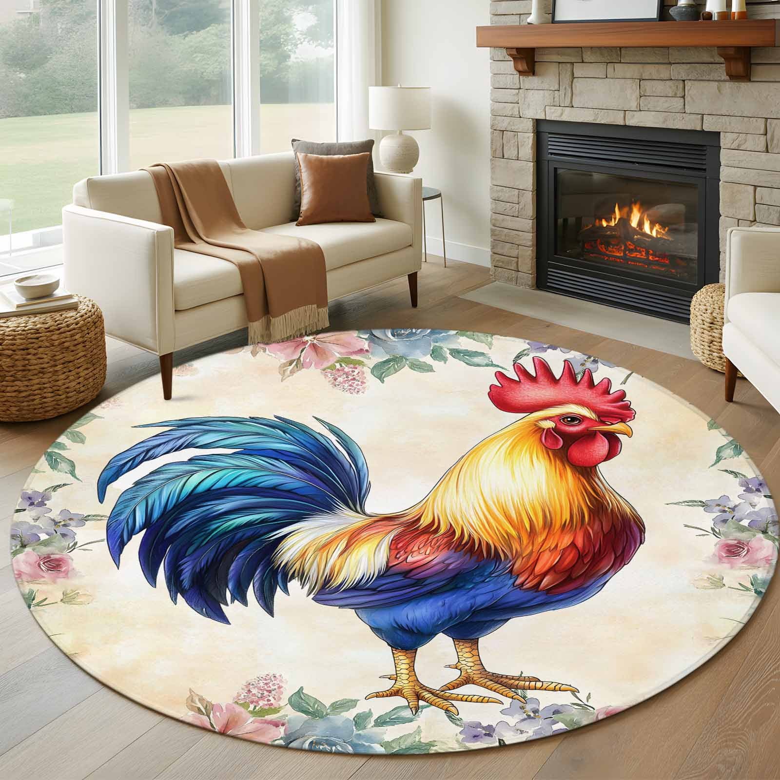 Chicken Area Rug 8ft Round Rug, Farmhouse Chicken Non-Skid Rubber Backing Large Area ...