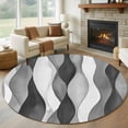 thumbnail image 1 of 8ft Round Rug, Gray Stripes Non-Skid Rubber Backing Large Area Rugs - Living Room Bedroom Home Office, Vintage Farmhouse Greyish Ripple Pattern Indoor Floor Mat Carpets Washable Rug, 1 of 9