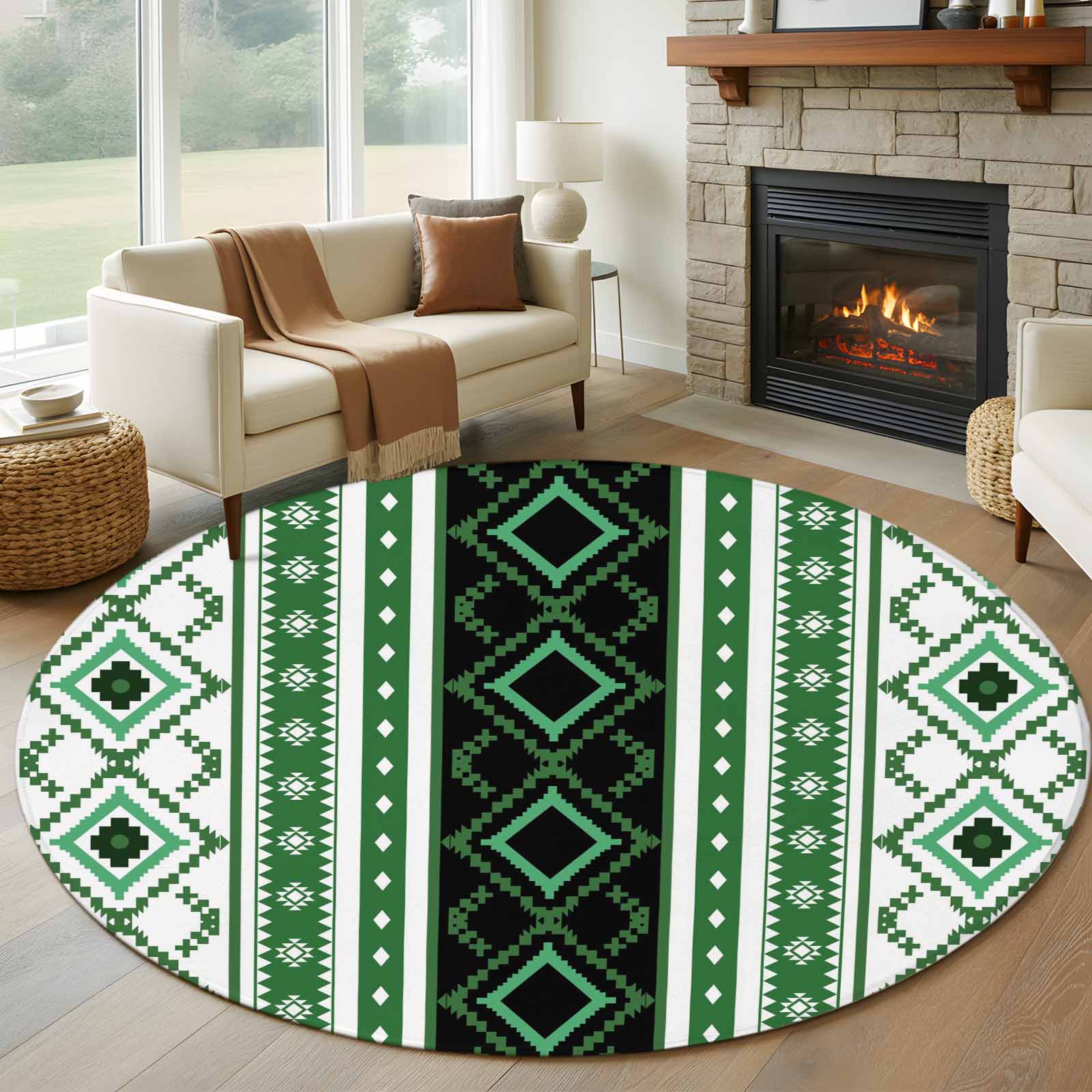 Rubber Back Area Rug 8ft Round Rug, Green Black Southwest Non-Skid Rubber Backing Large Area ...
