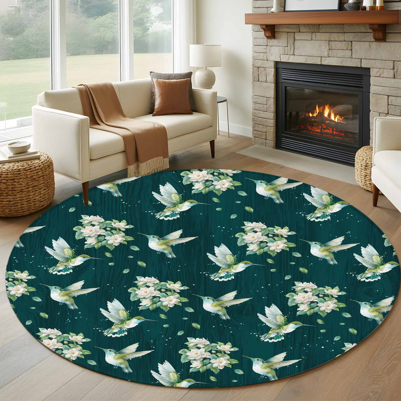 8ft Round Rug, Green Summer Botanical Non-Skid Rubber Backing Large ...