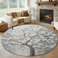 thumbnail image 1 of 8ft Round Rug, Grey Flowers Non-Skid Rubber Backing Large Area Rugs - Living Room Bedroom Home Office, Spring Floral Modern Oil Painting Art Indoor Floor Mat Carpets Washable Rug, 1 of 9