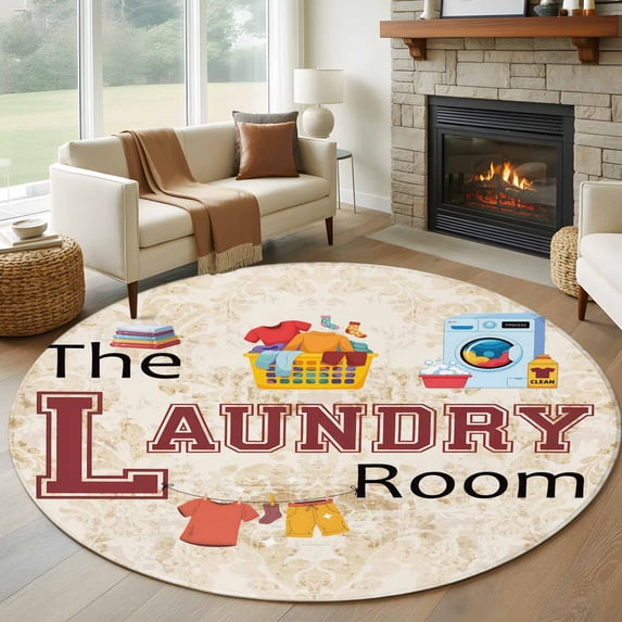 8ft Round Rug, Laundry Room Non-Skid Rubber Backing Large Area Rugs - Living Room Bedroom Home Office, Rustic Farmhouse Washing Machine Clothes Indoor Floor Mat Carpets Washable Rug