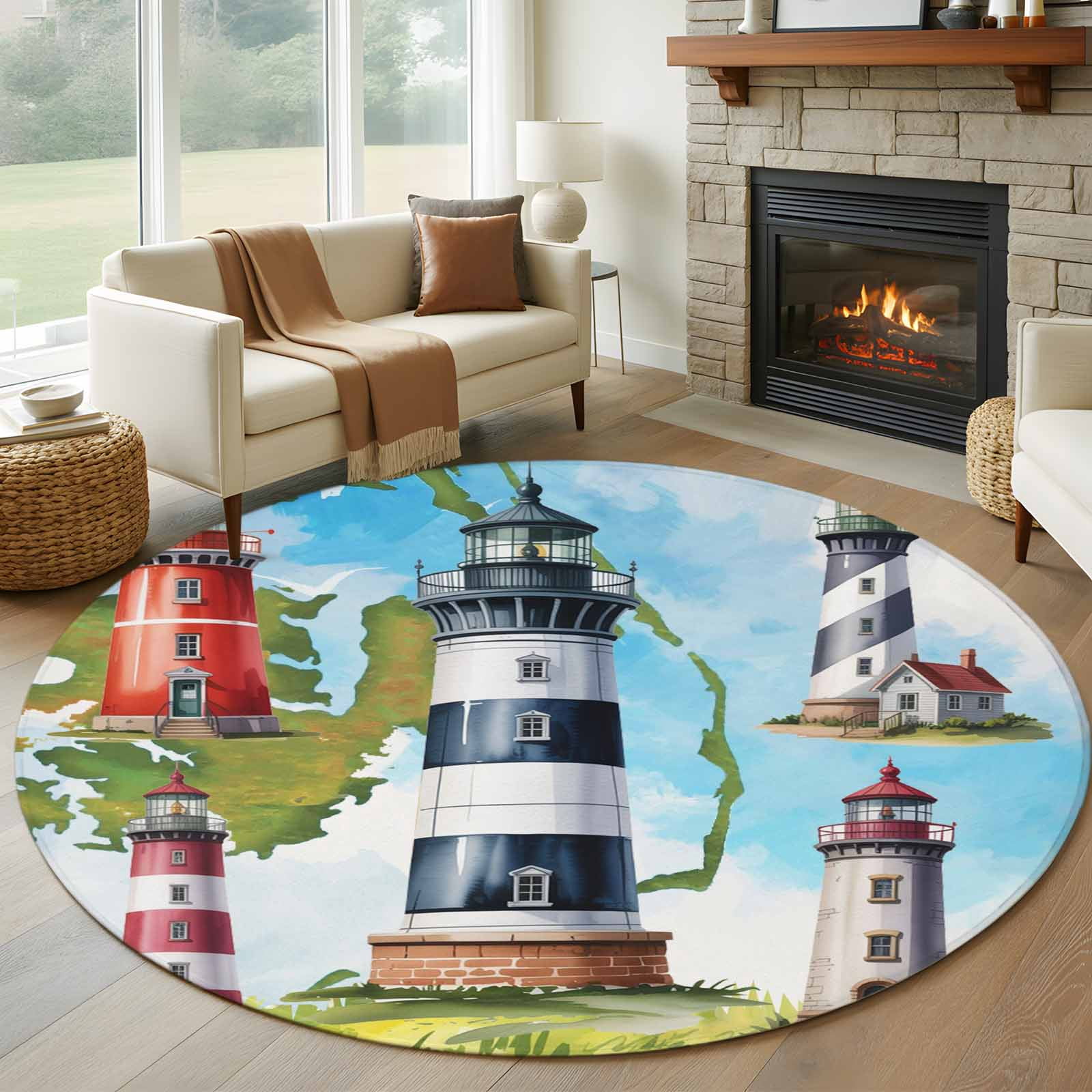 8ft Round Rug, Lighthouse Non-Skid Rubber Backing Large Area Rugs ...