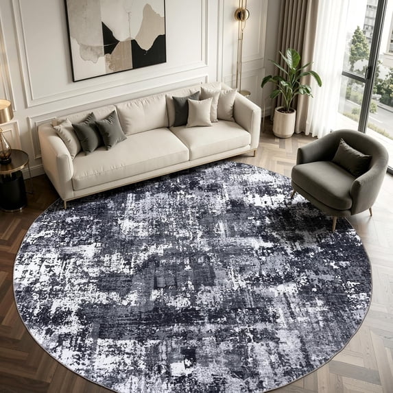 Best Machine Washable Rugs Round 8ft Round Rug, Modern Abstract Large Circle Carpet, Black & White ...