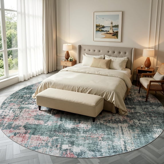Best Machine Washable Rugs Round 8ft Round Rug, Modern Abstract Large Circle Carpet, Pink & Green ...