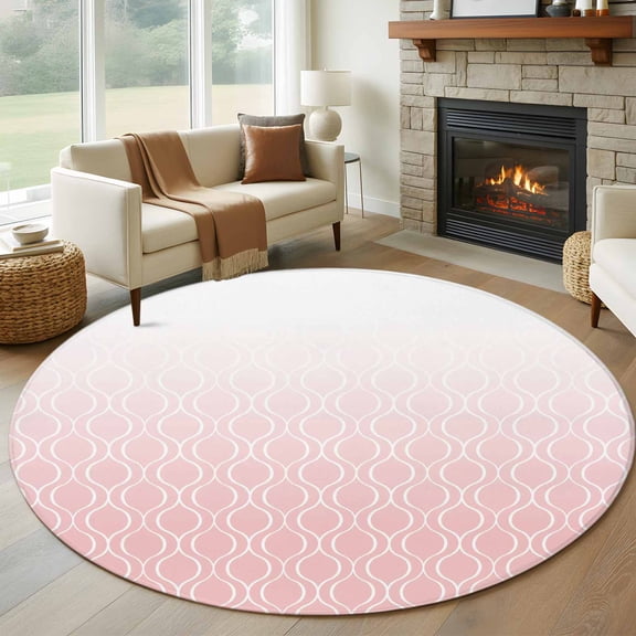 8ft Round Rug, Moroccan Pink Non-Skid Rubber Backing Large Area Rugs - Living Room Bedroom Home Office, Abstract Geometric Plaid Gradient Indoor Floor Mat Carpets Washable Rug