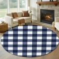 thumbnail image 1 of 8ft Round Rug, Navy Blue Check Non-Skid Rubber Backing Large Area Rugs - Living Room Bedroom Home Office, Farmhouse Buffalo Plaid Blue Indoor Floor Mat Carpets Washable Rug, 1 of 9