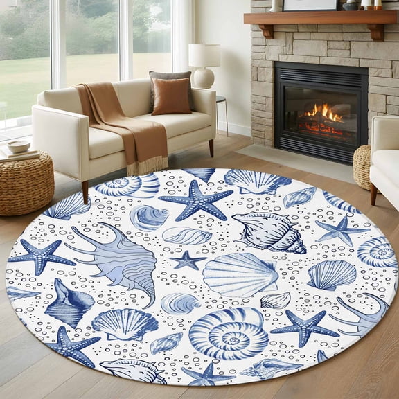 8ft Round Rug, Navy Blue Coastal Non-Skid Rubber Backing Large Area Rugs - Living Room Bedroom Home Office, Nautical Ocean Shell Starfish Sea Indoor Floor Mat Carpets Washable Rug