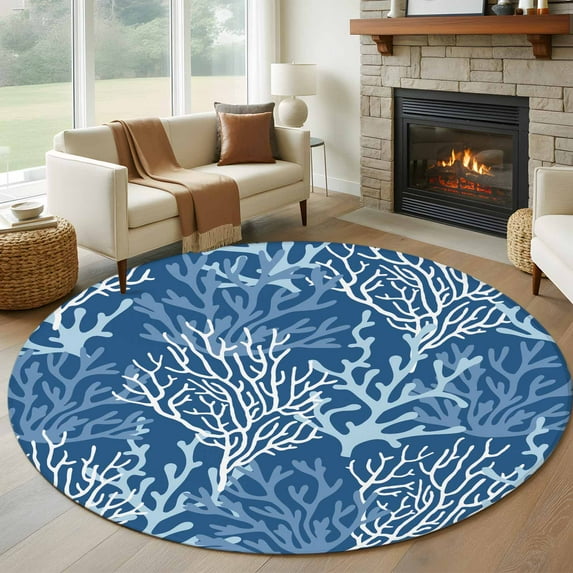 8ft Round Rug, Navy Blue Coral Coastal Non-Skid Rubber Backing Large Area Rugs - Living Room Bedroom Home Office, Ocean Nautical Seaside Beach Indoor Floor Mat Carpets Washable Rug