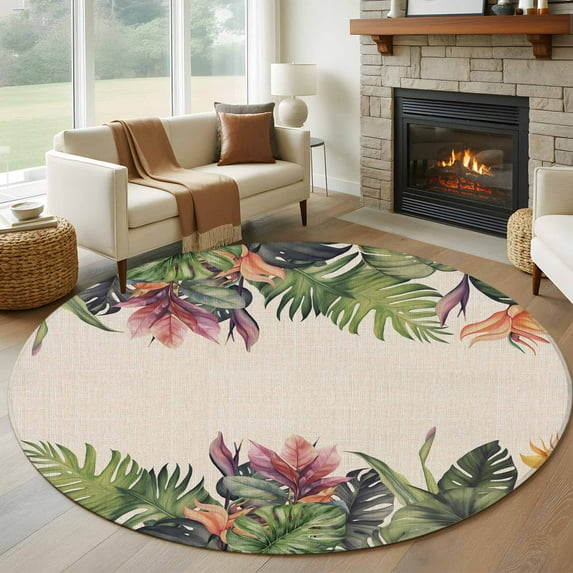 8ft Round Rug, Palm Leaves Non-Skid Rubber Backing Large Area Rugs - Living Room Bedroom Home Office, Summer Botanical Tropical Plants Rustic Indoor Floor Mat Carpets Washable Rug