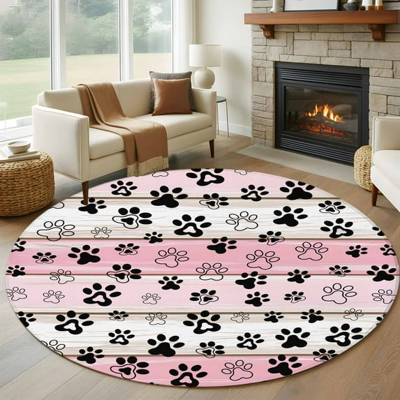 8ft Round Rug, Pink Beige Paw Print Non-Skid Rubber Backing Large Area Rugs - Living Room Bedroom Home Office, Vintage Farmhouse Country Wooden Grain Indoor Floor Mat Carpets Washable Rug