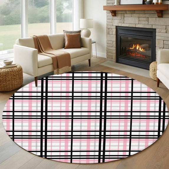 8ft Round Rug, Pink Black Plaid Non-Skid Rubber Backing Large Area Rugs - Living Room Bedroom Home Office, Farmhouse Pink Black Checkered Indoor Floor Mat Carpets Washable Rug