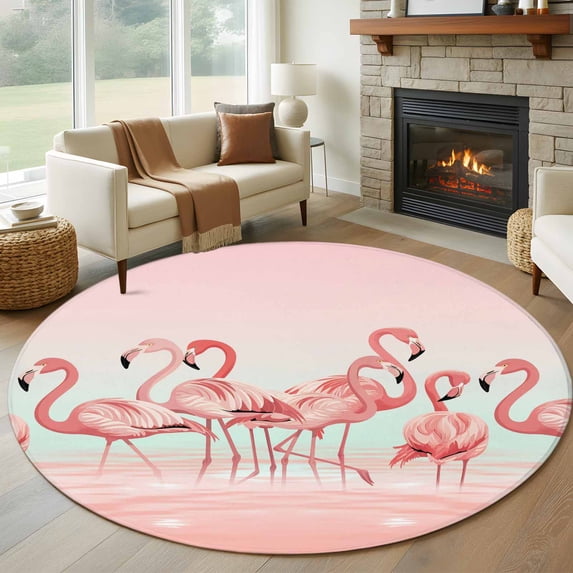 8ft Round Rug, Pink Flamingo Non-Skid Rubber Backing Large Area Rugs ...