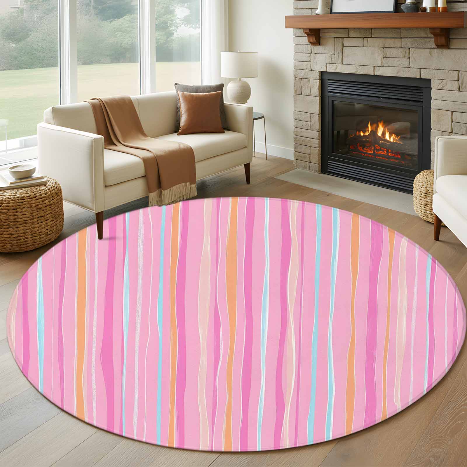 8ft Round Rug, Pink Orange Blue Stripe Non-Skid Rubber Backing Large ...