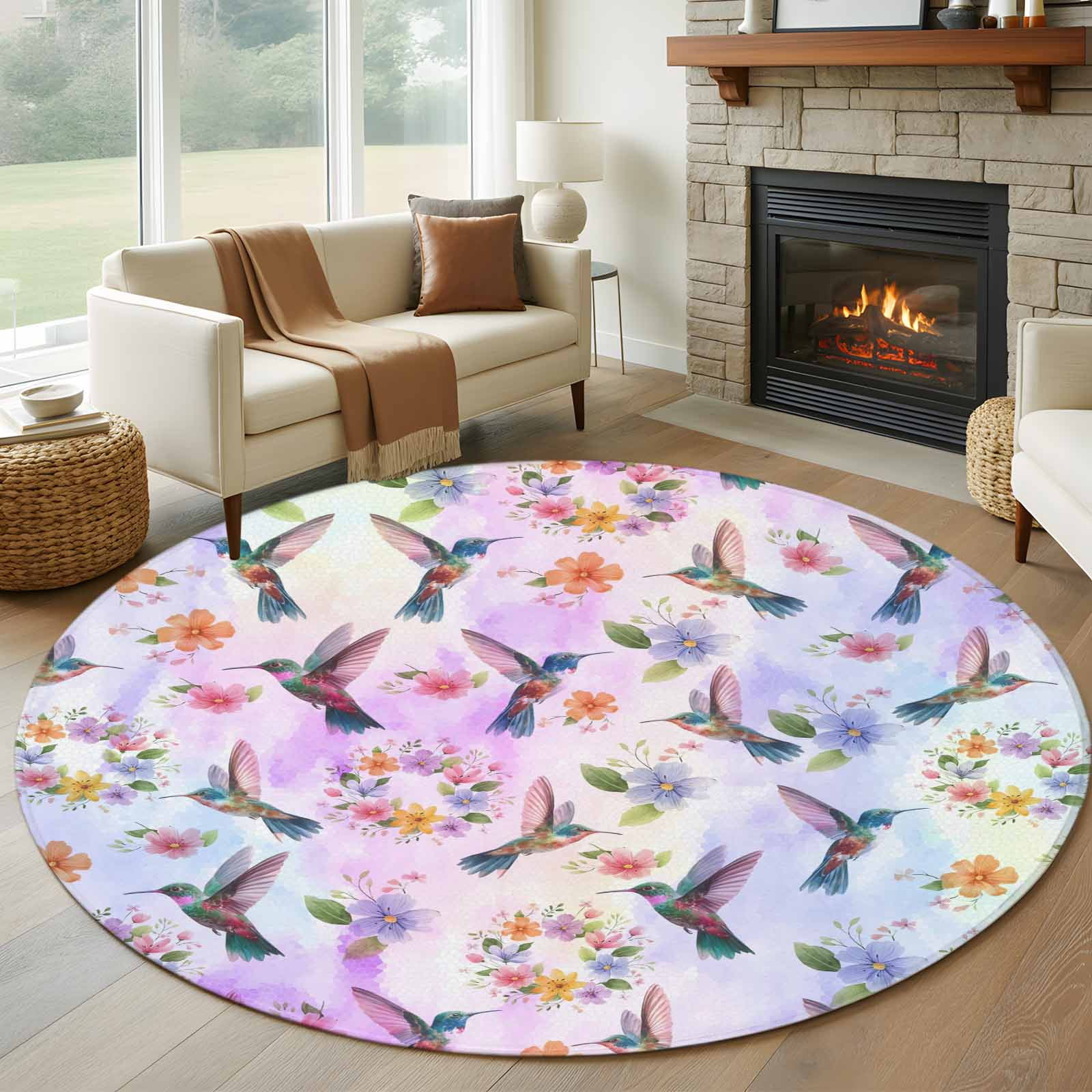 Round Hummingbird Rug 8ft Round Rug, Pink Purple Hummingbird Non-Skid Rubber Backing Large ...