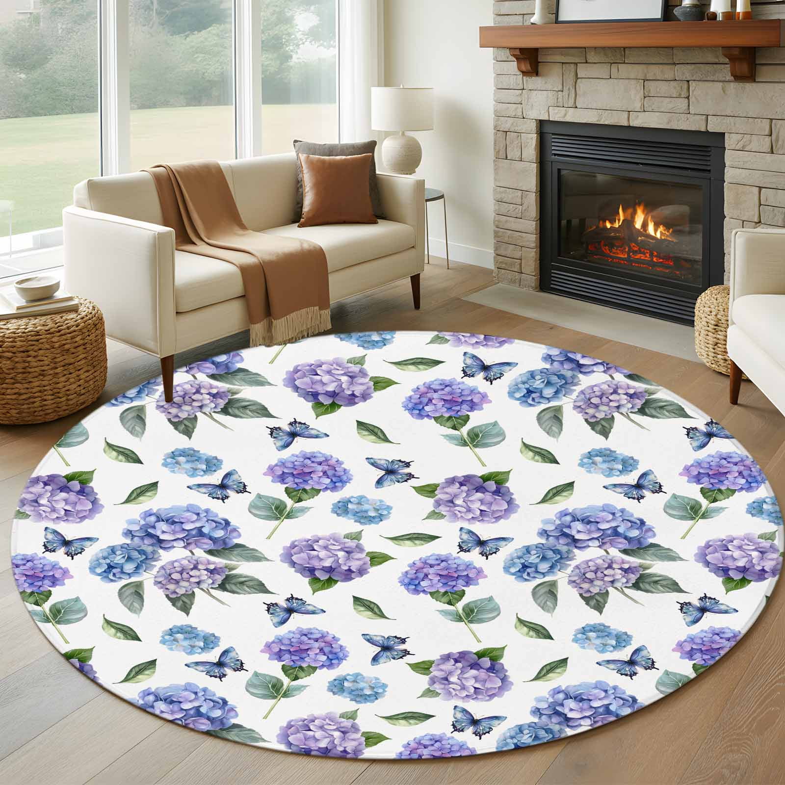 8ft Round Rug, Purple Blue Hydrangea Non-Skid Rubber Backing Large Area ...