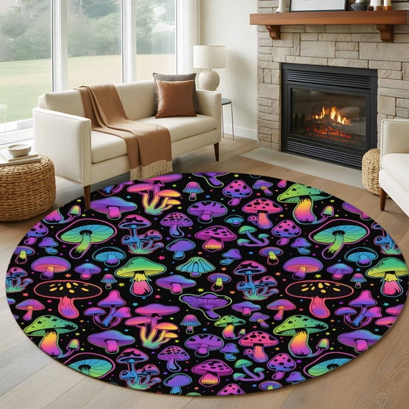 Round Rubber Rug 8ft Round Rug, Purple Green Mushroom Non-Skid Rubber Backing Large Area ...