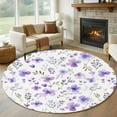 thumbnail image 1 of 8ft Round Rug, Purple Spring Floral Non-Skid Rubber Backing Large Area Rugs - Living Room Bedroom Home Office, Pastoral Botanical Watercolor Indoor Floor Mat Carpets Washable Rug, 1 of 9