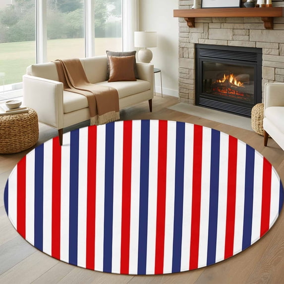 8ft Round Rug, Red Blue White Striped Non-Skid Rubber Backing Large Area Rugs - Living Room Bedroom Home Office, Modern Simple Stripes Indoor Floor Mat Carpets Washable Rug