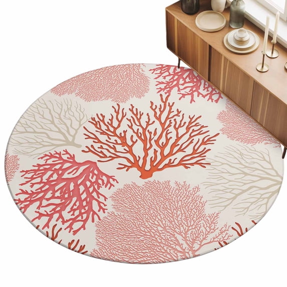 8ft Round Rug Red Coastal Area Rugs for Living Room Bedroom Washable Non Slip Circle Rug Low Pile Vintage Coral Ocean Modern Sea Abstract Indoor Floor Carpet for Kitchen Entryway Office Dining Room