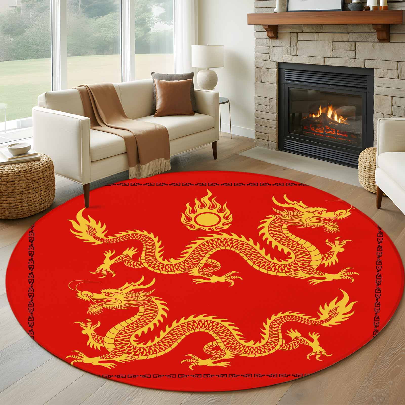 8ft Round Rug, Red Yellow Dragon Non-Skid Rubber Backing Large Area ...
