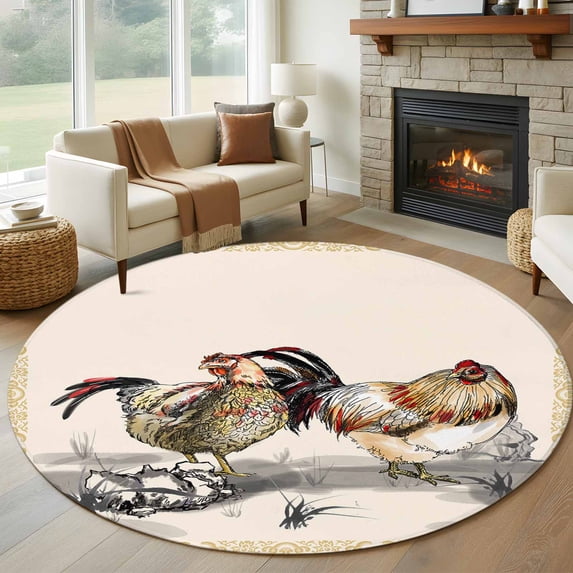 8ft Round Rug, Rooster Farm Animal Country Non-Skid Rubber Backing Large Area Rugs - Living Room Bedroom Home Office, Chinese Style Plant Indoor Floor Mat Carpets Washable Rug